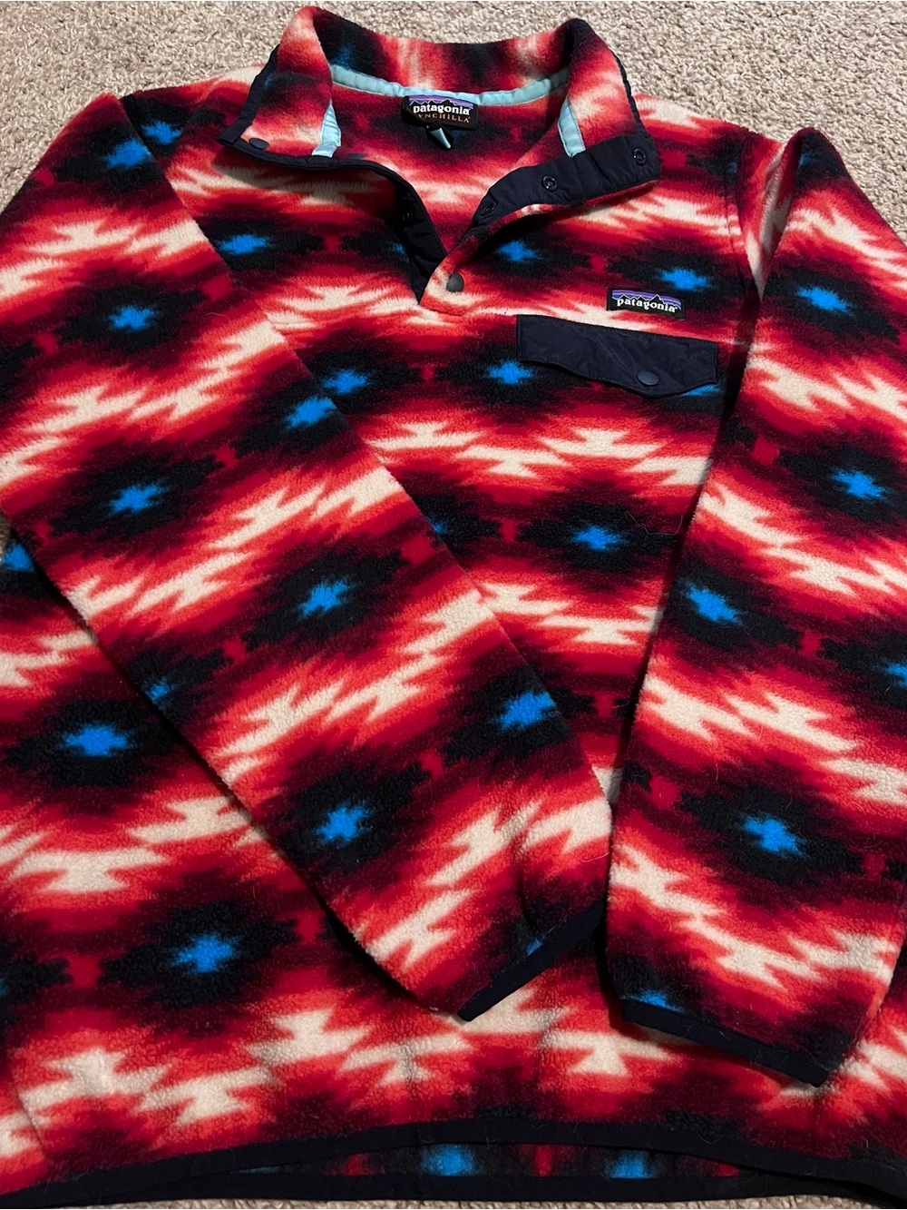 Patagonia Small Aztec Red, Black & Blue Patterned Snap Pullover Fleece Synchilla